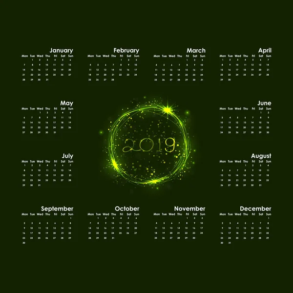 2019 Monday Yearly Template Starts Kalendarz Kalendarz Wektor Papeterii Szablon — Wektor stockowy