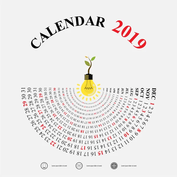 Plantilla Calendario 2019 Con Icono Bombilla Idea Semicircle Calendar Calendario — Vector de stock