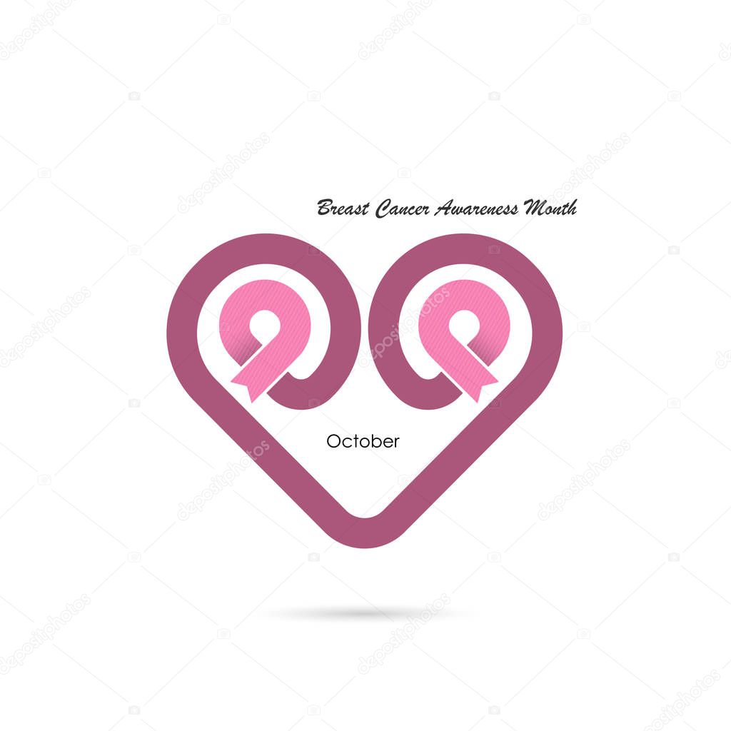 Heart shape & Pink Ribbon icon.Breast Cancer October Awareness Month Campaign banner.Women health concept.Breast cancer awareness month logo design.Realistic pink ribbon.Pink care logo.Vector illustration