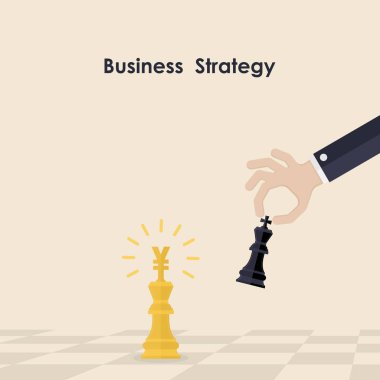 El ve satranç sembolü kralı. İş ve pazarlama stratejisi. İşadamı el holding satranç parça kral. Başarı ve rekabet kavramı. Winner,Champion,Victor.Business strateji kavramı. Vektör çizim.