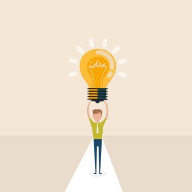 Ampul Symbol.Happy genç iş adamı ile simgesi ve lamba simgesi genç adam. İnsanlar ve başarılı iş kavramı. Kazanan, şampiyonu veya victor kavramı. Liderlik simgesi. Vektör çizim