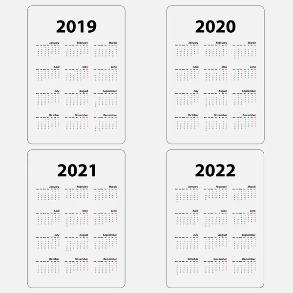 Calendario 2019 2020 2021 2022 Template Calendar Design Yearly Calendario — Archivo Imágenes Vectoriales