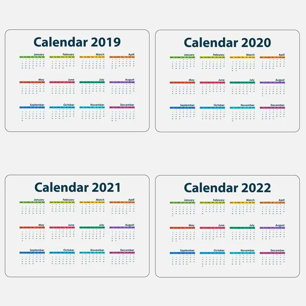 Calendario 2019 Calendario 2020 Calendario 2021 2022 Template Calendar Design — Archivo Imágenes Vectoriales