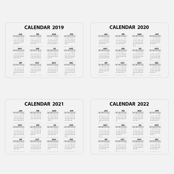 Kalender 2019 2020 2021 Und 2022 Kalendervorlage Kalenderentwurf Jahreskalender Vektor — Stockvektor