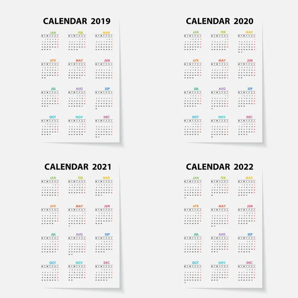 Calendario 2019 2020 2021 2022 Plantilla Calendario Plantilla Papelería Diseño — Vector de stock