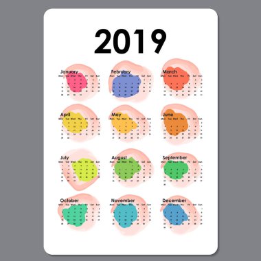 2019 takvim Template.Calendar 2019 ayarla, 12 Months.Yearly takvim vektör tasarım ileti örneği şablonu. Vektör çizim.
