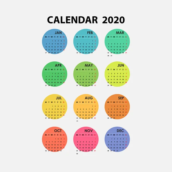 Calendrier 2020 Modèle Calendrier Calendrier 2020 Ensemble Mois Modèle Papeterie — Image vectorielle