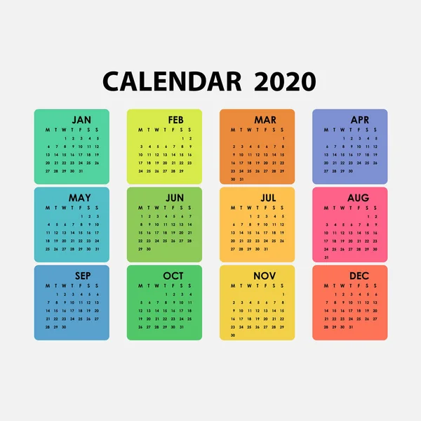 2020 Modelo Calendário Calendário 2020 Conjunto Mês Calendário Anual Modelo — Vetor de Stock