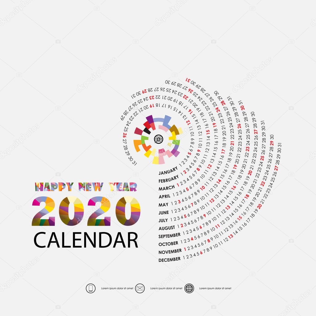 2020 Calendar Template.Calendar 2020 Set of 12 Months.Yearly calendar vector design stationery template.Vector illustration