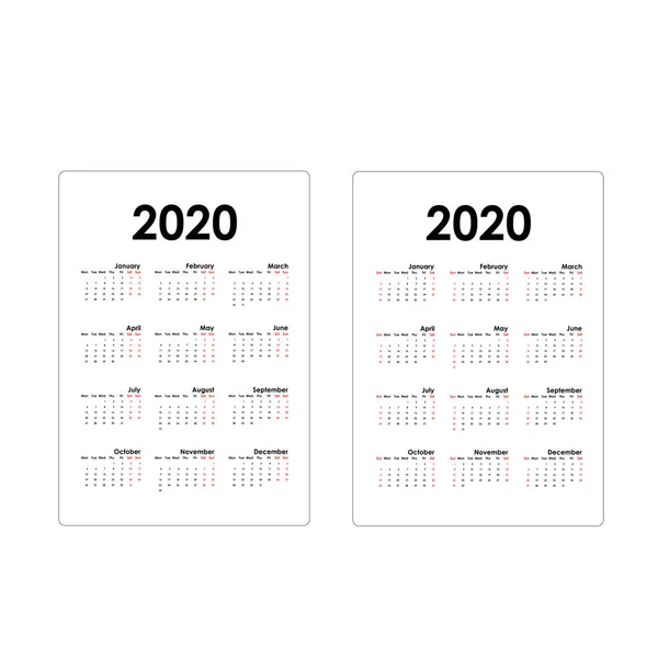 2020 Calendário Template.Calendar 2020 Conjunto de 12 Mês. — Vetor de Stock