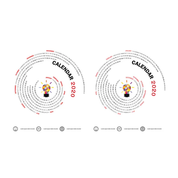 2020 kalender template. spiral form kalender. Kalender 2020 Ställ in o — Stock vektor