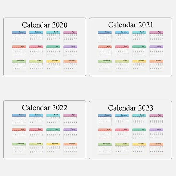 Calendrier 2020, 2021, 2022 et 2023 Modèle de calendrier.Calendrier des — Image vectorielle