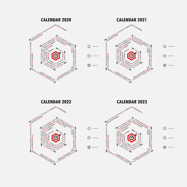 Kalender 2020, 2021, 2022 en 2023 kalender sjabloon. Zeshoek Shap — Stockvector