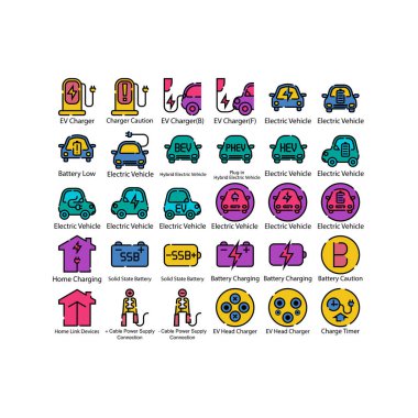 Pil Elektrikli Araç Simgesi. (BEV, EV). Elektrikli araba. Şarj istasyonu. Pil şarjı. Ev Şarjı. Ev Bağlantı Cihazı..