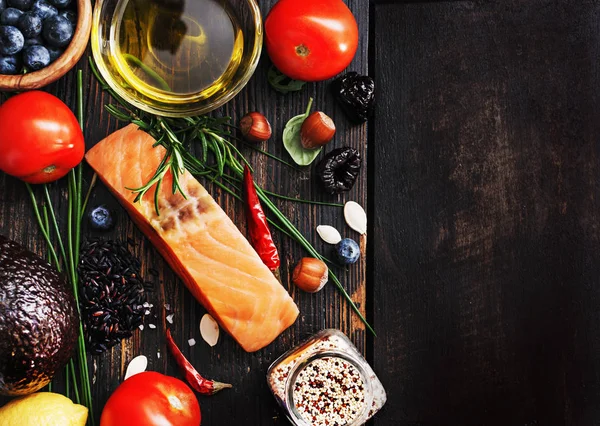 Selective Ingredients Fish Organic Vegetables Cereals Rich Amino Acids Oligominerals — Stock Photo, Image