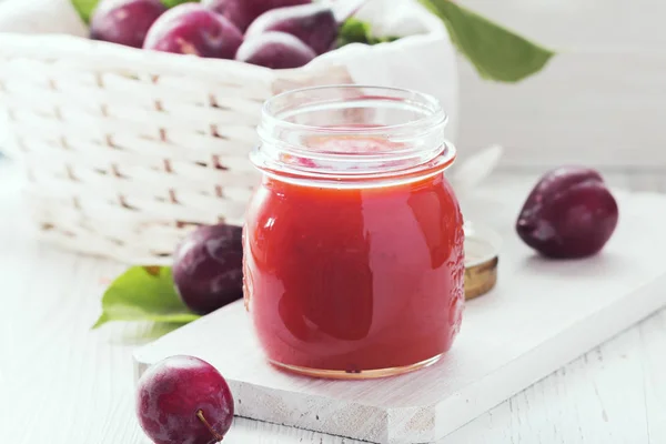 Plums Jam Glass White Wooden Background Copy Space — Stock Photo, Image