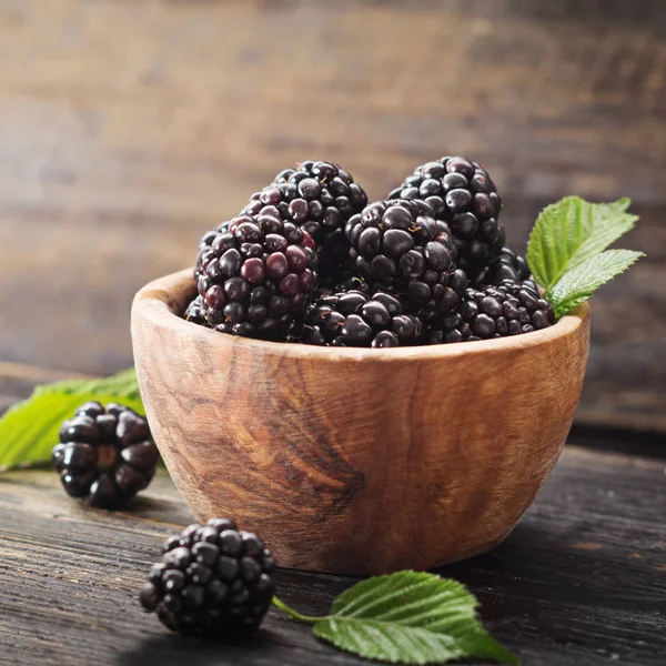 Blackberries Wooden Bowl Old Dark Table Free Text Space Agriculture — Stock Photo, Image