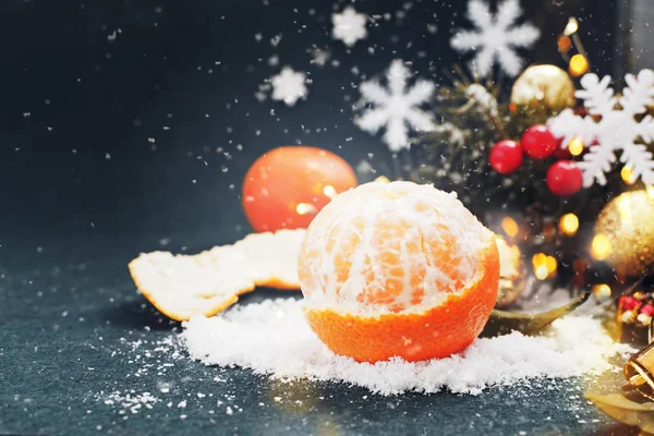 Tangerine Snow Christmas Decor Dark Blue Background Christmas New Year — Stock Photo, Image