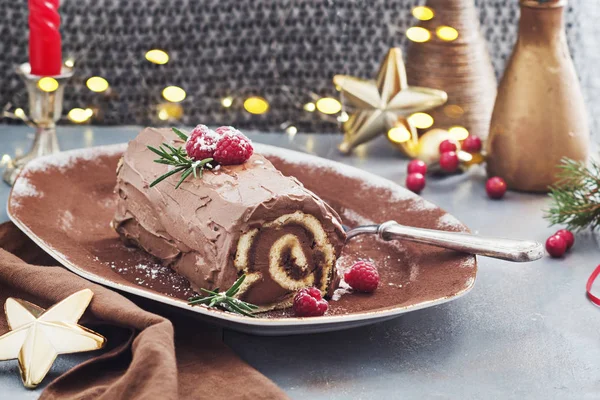 Csokoládé Yule Napló Karácsonyi Torta Málna — Stock Fotó