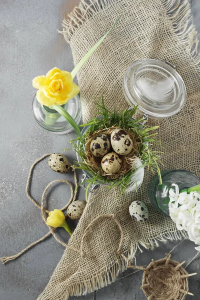 Húsvéti Összetétele Tavaszi Virágok Tojás Húsvét Fogalom Val Másol Hely — Stock Fotó