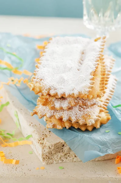 Italian Frappe Chiacchiere Typical Carnival Fritters Dusted Powdered Sugar Marble — Stock Photo, Image