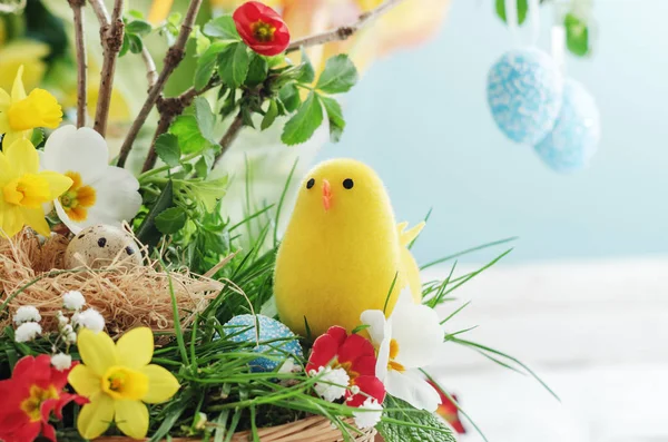 Pasen Samenstelling Met Kleine Kuikens Lentebloemen Kleurrijke Eitjes — Stockfoto