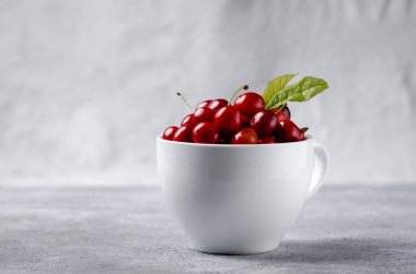 Konkret taş arka plan üzerinde beyaz fincan yaprakları ile taze olgun kiraz.