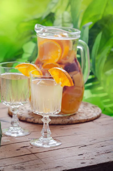 Glass White Sparkling Wine Sangria Decorated Citrus Slices Season Fruits — Stock Photo, Image