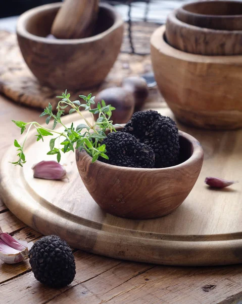 Black Truffle Wooden Bowl Summer Truffles Sauce — Stock Photo, Image