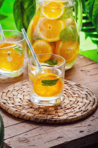Infused Water Fresh Orange End Mint Wooden Table — Stock Photo, Image