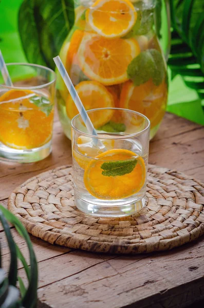 Infused Water Fresh Orange End Mint Wooden Table — Stock Photo, Image