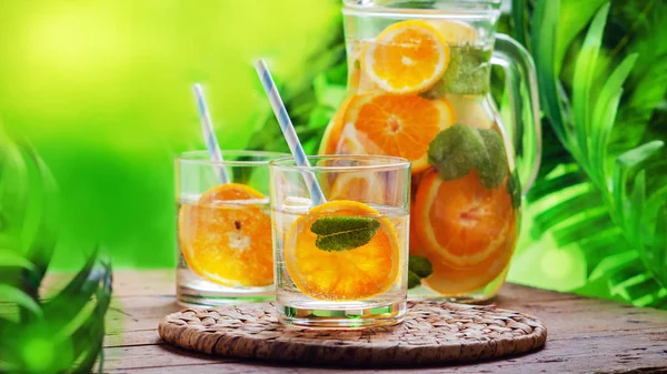 Infused Water Fresh Orange End Mint Wooden Table — Stock Photo, Image