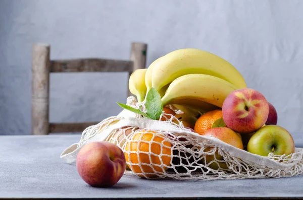 Frutas Orgánicas Frescas Tela Algodón Bolsa Ecológica Compras Con Mesa — Foto de Stock