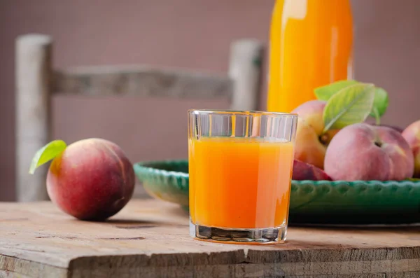 Fresh Homemade Peach Juice Glass Breakfast Wooden Table Rustic Stile — Stock Photo, Image