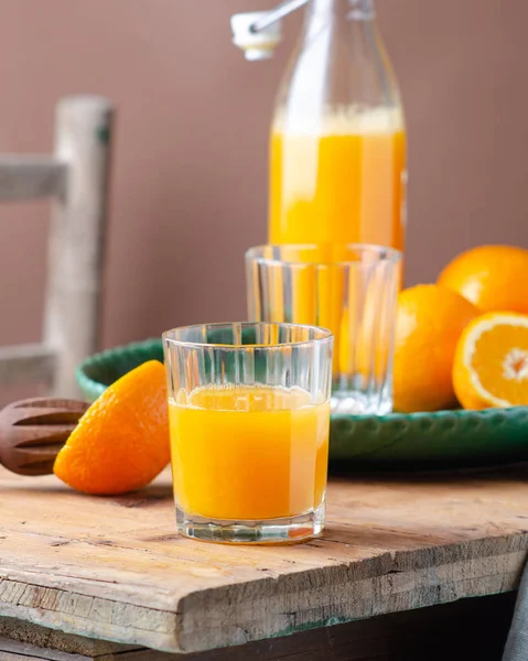 Fresh Homemade Orange Juice Glass Breakfast Wooden Table Rustic Stile — Stock Photo, Image