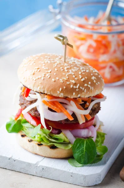 Burger Fermented Foods Kimchi Bbq Beef Cutlet Wooden Marble Table — Stock Photo, Image