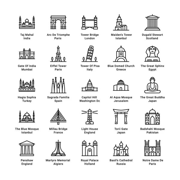 Conjunto Simples Monumentos Mundiais Related Vector Line Icons Editável Vetor —  Vetores de Stock