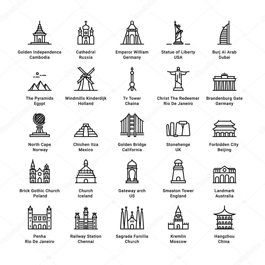 Simple Set of World Monuments  Related Vector Line Icons. Editable - Vector