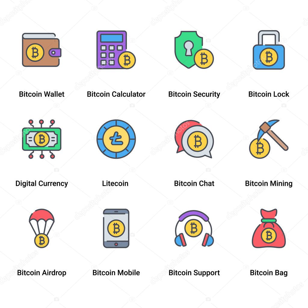 Set of Thin Color Line Stroke Vector Bitcoin and Cryptocurrency Icons. including altcoins, bitcoin wallet, calculator, encryption, decentralized, blockchain, mining, digital money. Mono line pictograms and infographics design elements.