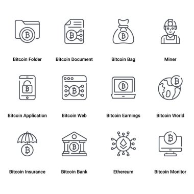 İnce Hat Vuruşu Vektörü Bitcoin ve Kripto Para Birimi Simgeleri Kümesi. 