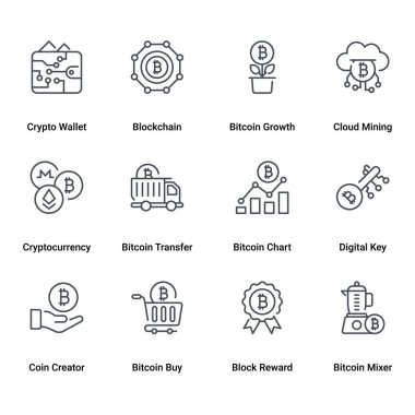 İnce Hat Vuruşu Vektörü Bitcoin ve Kripto Para Birimi Simgeleri Kümesi. 