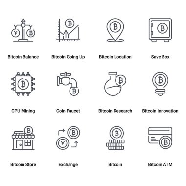 İnce Hat Vuruşu Vektörü Bitcoin ve Kripto Para Birimi Simgeleri Kümesi. 