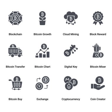 Glyph Vektörü Bitcoin ve Kripto Para Birimi, Madencilik Simgeleri.