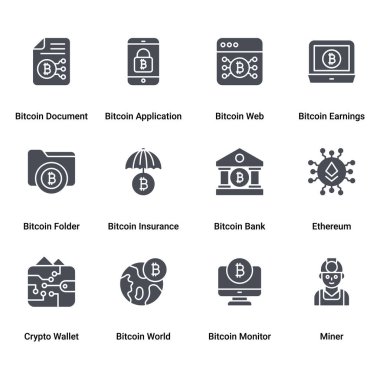 Glyph Vektörü Bitcoin ve Kripto Para Birimi, Madencilik Simgeleri.