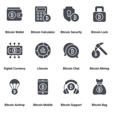 Glyph Vektörü Bitcoin ve Kripto Para Birimi, Madencilik Simgeleri.