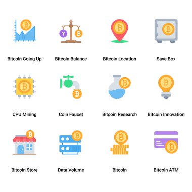 Fin Tech finans teknolojisi ve Bitcoin ve Kripto para birimi, yassı madencilik simgeleri