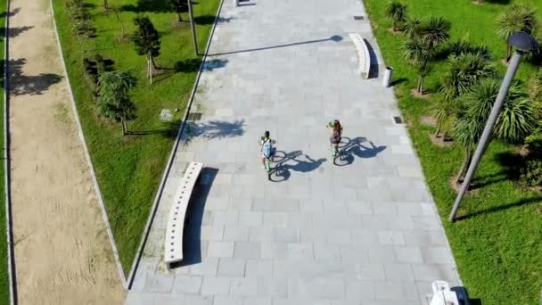 Légi repülés a fiatal srác és a lány mögött biciklizés egy modern parkban — Stock videók