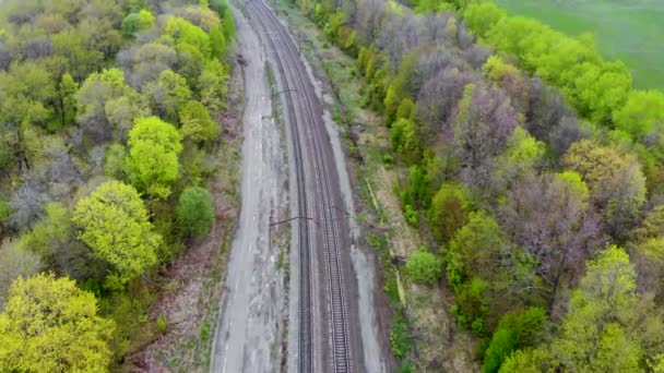 Vuelo aéreo sobre los ferrocarriles en la tarde de primavera. Tomado por dron — Vídeos de Stock