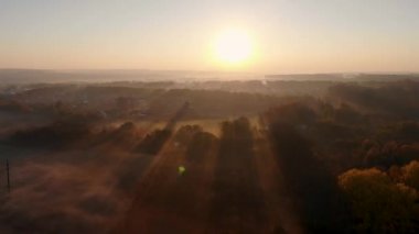 Sabah sisiyle kaplı parkın üzerindeki hava uçuşu. Güneşin doğuşunda insansız hava aracı tarafından çekiliyor.