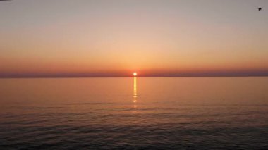 Gün batımında suyun üzerinden güneşe doğru uçun. Martılar hemen arkalarından uçuyor.